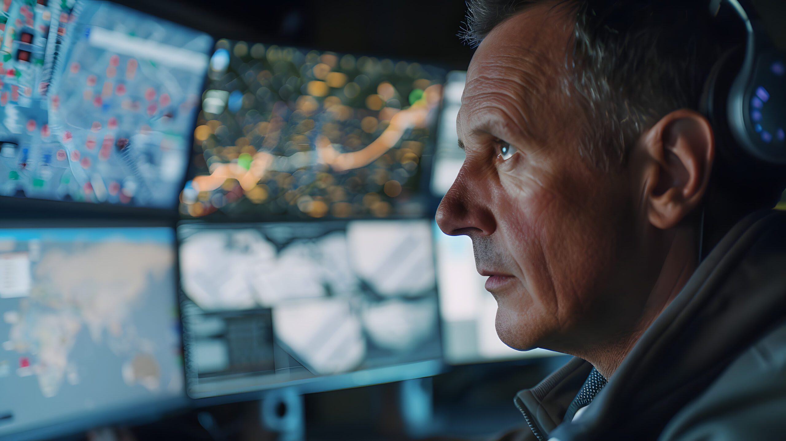 A dispatcher monitoring routes on multiple screens.