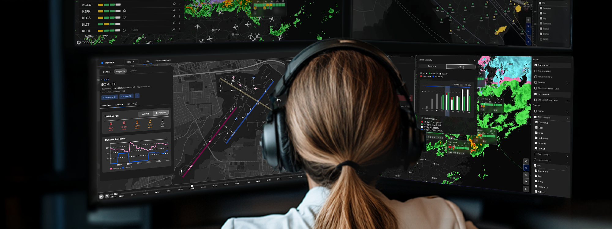 Woman looking at a Maverick Dispatch radar display on computer monitors.